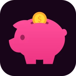 L’icône de Today’s Budget : une tirelire rose avec une pièce dorée, sur fond violet foncé.