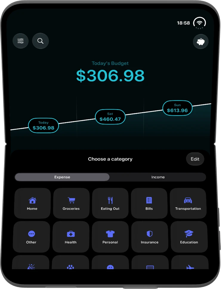 Un iPhone Duo à moitié ouvert, posé sur la table : en haut le budget du jour, en bas les catégories pour noter.